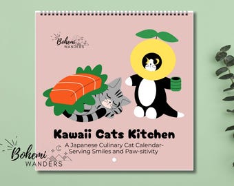 Calendario de pared de gatos japoneses 2026-2027, calendario de gatos sushi, calendario de gatos ramen, regalo divertido para amantes de los gatos, calendario de cocina kawaii con gatos.