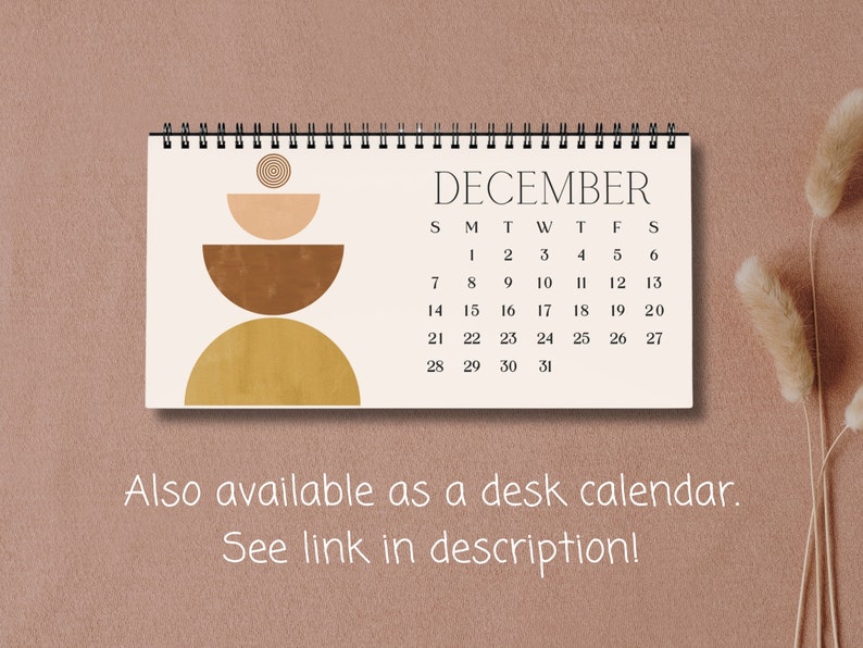 Mid Century Abstract 2026 Desk Calendar featuring minimalist retro geometric shapes in earthy tones. A stylish boho wall calendar for modern homes, perfect for fans of mid century modern decor, abstract art lovers, and anyone who loves clean, neutral wall art. Customizable  calendar ideal for feminine office decor, dorms, or boho-inspired interiors.