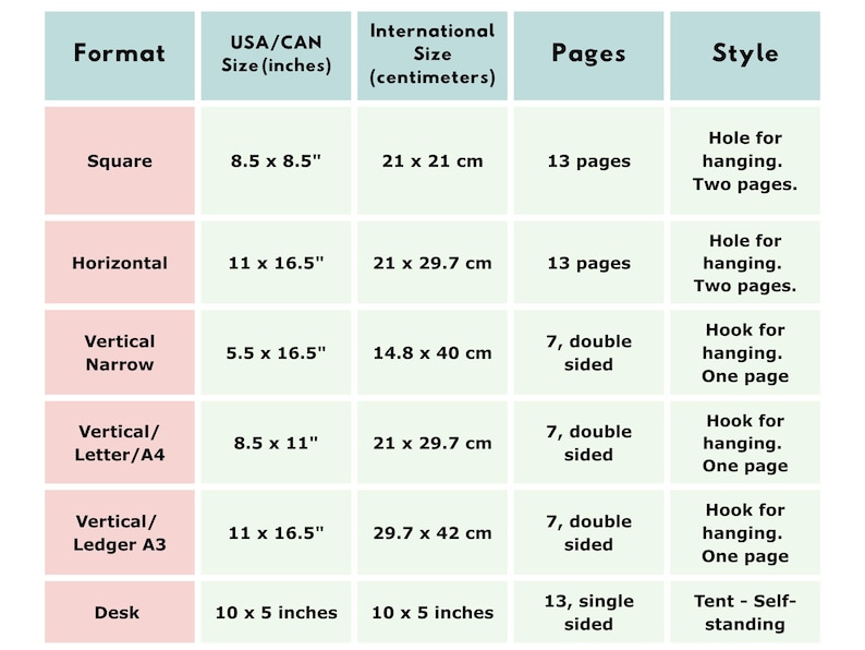 Format/sizes/pages/style options of the calendars