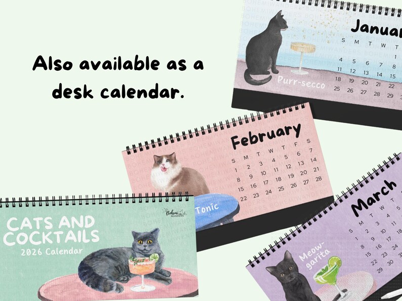 Also available as a Whimsical watercolor 2026 Cats and Cocktails Desk calendar featuring playful cats with pun-inspired drinks like Meowgarita, Purr-secco, and Cat-a-Tonic. A perfect gift for cat moms, cat lovers, and cocktail enthusiasts who enjoy funny cat art, pastel colors, and bar cart decor.