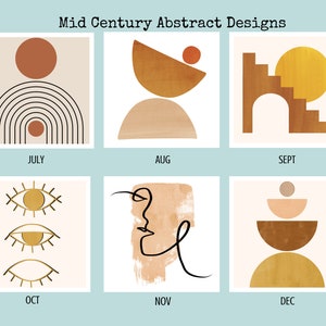 Mid Century Abstract 2026 Wall Calendar featuring minimalist retro geometric shapes in earthy tones. A stylish boho wall calendar for modern homes, perfect for fans of mid century modern decor, abstract art lovers, and anyone who loves clean, neutral wall art. Customizable square calendar ideal for feminine office decor, dorms, or boho-inspired interiors.