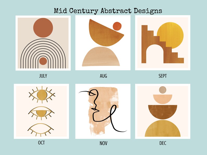Mid Century Abstract 2026 Wall Calendar featuring minimalist retro geometric shapes in earthy tones. A stylish boho wall calendar for modern homes, perfect for fans of mid century modern decor, abstract art lovers, and anyone who loves clean, neutral wall art. Customizable square calendar ideal for feminine office decor, dorms, or boho-inspired interiors.