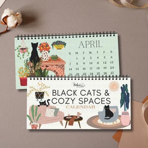 Tischkalender 2027 – Schwarze Katzen & Gemütliche Räume, Boho-Schreibtischdeko, Geschenk für Katzenmamas, Monatskalender, Bürodeko mit Katzenmotiv, Schreibtischdeko mit Katzenmotiv