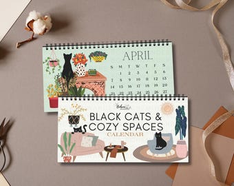 Calendario de escritorio 2027 - Gatos negros y espacios acogedores, decoración de escritorio bohemia, regalo para amantes de los gatos, calendario de escritorio mensual, decoración de oficina con temática de gatos, decoración de escritorio con temática de gatos