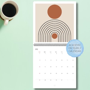 Kalendarz w stylu Mid Century Modern – abstrakcyjny kalendarz boho na lata 2025–2026, geometryczne kształty, ziemiste odcienie, minimalistyczny wystrój domu, biura lub akademika