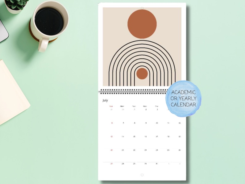 Mid Century Abstract 2026 Wall Calendar featuring minimalist retro geometric shapes in earthy tones. A stylish boho wall calendar for modern homes, perfect for fans of mid century modern decor, abstract art lovers, and anyone who loves clean, neutral wall art. Customizable square calendar ideal for feminine office decor, dorms, or boho-inspired interiors.