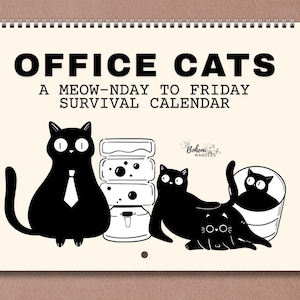 Calendrier mural amusant avec des chats de bureau • Cadeau sarcastique pour les collègues • Personnalisable Calendrier 2026 2027 de mi-année avec chat