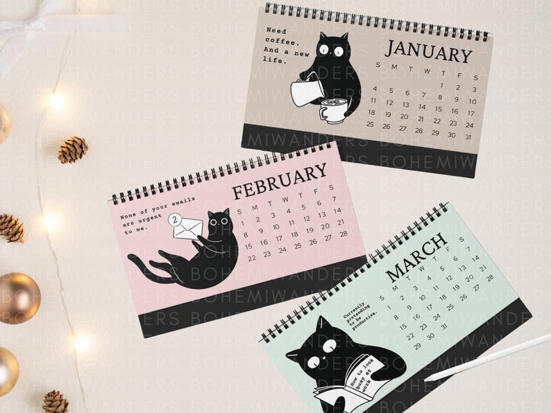 Funny 2025–2026 office cat desk calendar featuring black cats in relatable work situations. Minimalist design with sarcastic quotes for office workers, cat lovers, and coworkers. Great for desks, cubicles, or work-from-home setups. A humorous academic calendar gift for cat moms, students, and burnt-out professionals.