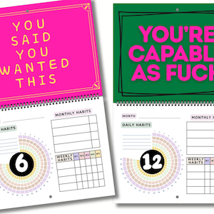 May include: Two spiral-bound wall calendars. One has a pink background with the text "YOU SAID YOU WANTED THIS." The other has a green background with the text "YOU'RE CAPABLE AS FUCK." Both have habit trackers.