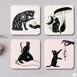Witchy Black Cat Coffee Coaster Set – Spiritual Black Cat Lover Gift, Cute Esoteric Coffee Bar Decor, Cosmic Cat Coaster, Black Cat Mom Gift