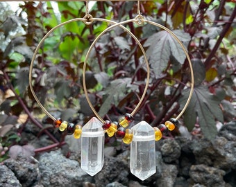 Amber and Clear Quartz 14k Gold Filled Hoops