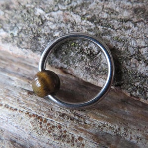 Yellow Tiger's Eye Natural Stone CBR Piercing ASTM F-136 Implant Grade Titanium Captive Bead Ring Septum Lip Daith Cartilage Belly Nose Ring