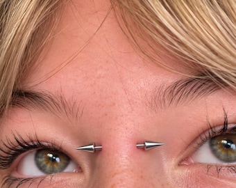 Puede incluir: Un piercing de puente que consiste en una barra recta con dos puntas de metal plateado pulido en cada extremo. La joya está colocada horizontalmente sobre el puente de la nariz, entre los ojos, con un acabado metálico liso y brillante.