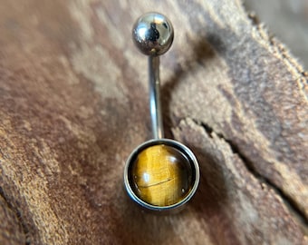 Natural Tiger's Eye Belly Ring, 14G Surgical Steel Navel VCH Piercing Barbell