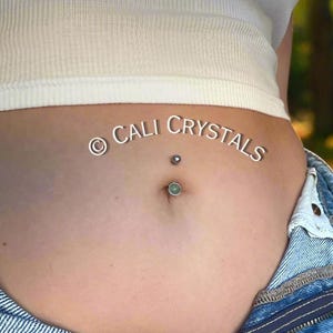 Natural Green Aventurine Belly Ring, Surgical Steel Navel Piercing Barbell (14G) Bezel Set