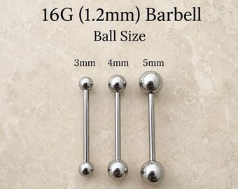 Puede incluir: Tres barras de metal plateado con un grosor de 16G (1,2 mm). El texto 16G (1.2mm) Barbell Ball Size aparece sobre tres barras con extremos esféricos que miden 3 mm, 4 mm y 5 mm de diámetro respectivamente.