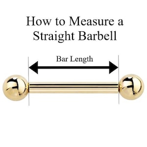 Puede incluir: Una barra recta dorada con dos extremos redondos. La imagen incluye el texto "How to Measure a Straight Barbell" y "Bar Length" con flechas que indican el &aacute;rea de medici&oacute;n. La barra se muestra sobre un fondo blanco.