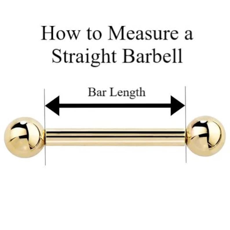 Puede incluir: Una barra recta dorada con dos extremos redondos. La imagen incluye el texto "How to Measure a Straight Barbell" y "Bar Length" con flechas que indican el &aacute;rea de medici&oacute;n. La barra se muestra sobre un fondo blanco.