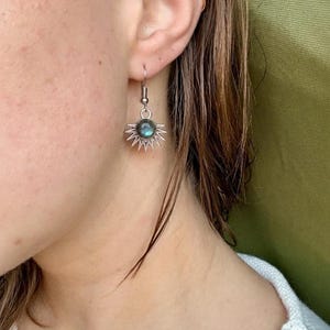 Labradorite Sun Dangle Earrings, Sterling Silver Hooks, Boho Rainbow Flash Jewelry