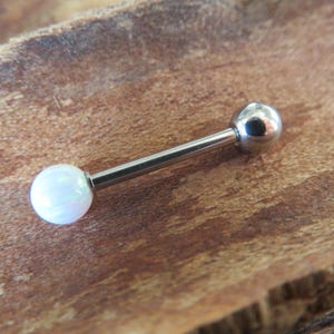 White Fire Opal Solid 316L Surgical Steel or Implant Grade Titanium Stone Barbell Tongue Ring 14G (1.6mm) Piercing Custom Length Rainbow