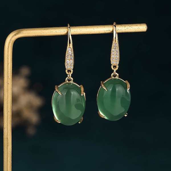 Orecchini a ciambella di giada verde genuina fatti a mano, orecchini di giada placcati in oro 18K, orecchini di giada birmana, orecchini pendenti di giada, regalo per le donne
