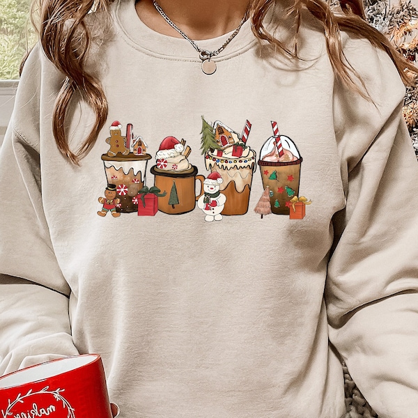 Sweat-shirt de Noël café à col rond, pull imprimé boissons de Noël en pain d'épice, cadeau de Noël aux couleurs réconfortantes pour amateur de café, haut PetAlineDesign