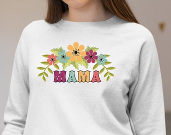 Flowers Mama Sweatshirt, Floral Theme Printed Mama Comfort Colors Jumper, XS-4XL Comfy Sizes Pullover Tops, Birthday Mom Grandma Nana Gift