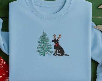 Christmas Lab Embroidered Sweatshirt, Christmas Tree Sweater, Dog Lover Black Lab Jumper, Matching Couple Holiday Sweater, Christmas Outfits