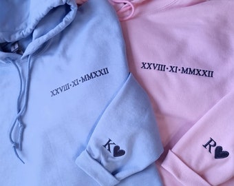 Roman Numeral Hoodie, Custom Embroidered Anniversary Hoody, GF BF Matching Couple Sweatshirt, Personalised Initial Memorial Date Wife Jumper