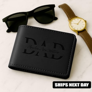 Cartera personalizada para papá con nombres de niños, cartera personalizada para el Día del Padre, cartera de cuero plegable grabada, regalo para padrinos de boda, regalo de aniversario para él