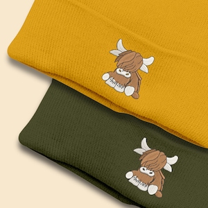 Embroidered Cute Scottish Cow Beanie, Comfort Colors Highland Cow Beanie Caps, Winter Hats, Double Layered Beanies, Cute Animal Lover Gifts