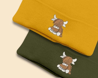 Geborduurde schattige Schotse koe beanie, comfortabele kleuren Schotse koe beanie petten, wintermutsen, dubbellaagse mutsen, cadeaus schattige dierenliefhebber