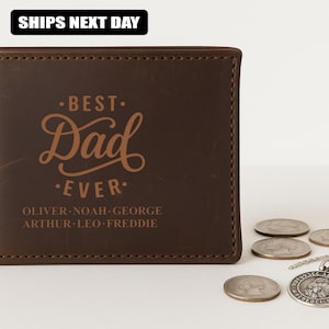 Cartera de cuero personalizada para papá, cartera de cuero con monograma y nombres de niños, regalo para el Día del Padre, carteras para papá primerizo, regalo de cumpleaños para papá de niños
