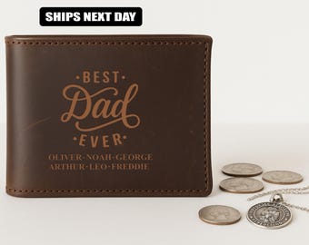 Gepersonaliseerde leren portemonnee vader, leren portemonnee met monogram met kindernamen, Vaderdagcadeau, portefeuilles nieuwe vader, verjaardagscadeau vader