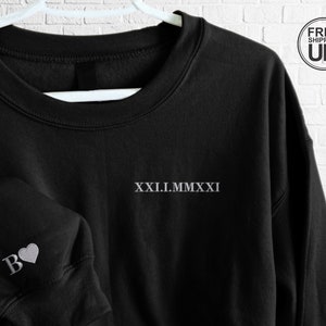 Custom Date Roman Numeral Embroidered Sweater, Initial Heart Embroidered Wifey Sweatshirt, Long Distance Relationship Gift For Boyfriend Top