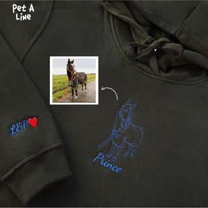 Personalised Horse Portrait Hoodie, Embroidered Horse Outline Sketch from Photo Jumper, Custom Name & Initial Hoodie, Best Equestrian Gift