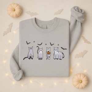 Ghost Cat Embroidered Sweatshirt, Spooky Halloween Sweater, Cute Scary Cat Crewnecks, Cozy Fall Season Jumper, Cat Lover Gift, Gifts for Her