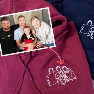 Embroidered Photo Hoodie, Portrait from Photo Couple Matching Sketch On Hoody, Outline Art Memorial Gf Bf Jumper, One Year Anniversary Gift