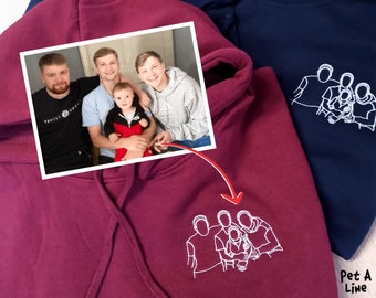 Embroidered Photo Hoodie, Portrait from Photo Couple Matching Sketch On Hoody, Outline Art Memorial Gf Bf Jumper, One Year Anniversary Gift