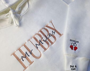 Embroidered Wifey & Hubby Name Hoodie, Custom Anniversary Date Mr and Mrs Jumper, Couple Matching Engagement Hoodies, Gift for Loved Ones
