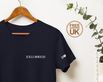 Roman Numeral Custom Date T Shirt, Initial Heart Embroidered Crewneck Shirt, Wedding 1st Anniversary Date Couple Matching Gift For Boyfriend