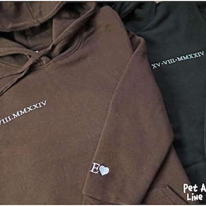 Personalised Embroidered Roman Numeral Hoodie, Custom Anniversary Date Matching Hoody, Couple Initial on Sleeves Jumper, Anniversary Gifts