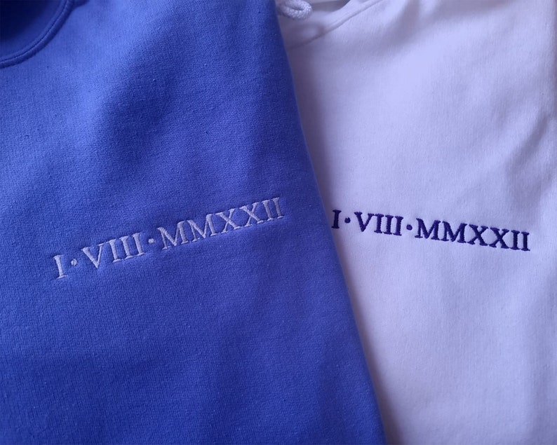 Roman Numeral Hoodie, Custom Embroidered Anniversary Hoody, GF BF Matching Couple Sweatshirt, Personalised Initial Memorial Date Wife Jumper image 3