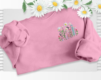 Bestickter Blumenpullover, Wildblumen Natur-Sweatshirt, minimalistisches Rundhals-Sweatshirt, ästhetischer Unisex-Pullover, Pflanzenliebhaber Geschenk