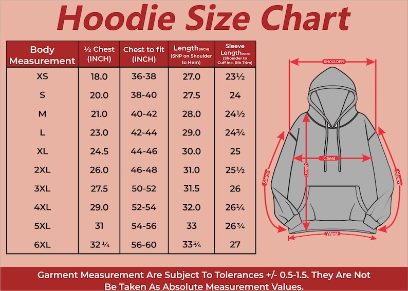 Peut inclure: Tableau des tailles de sweat-shirt avec des mesures en pouces pour diff&eacute;rentes tailles de XS &agrave; 6XL. Le tableau indique les mesures du corps, de la demi-poitrine, de la poitrine &agrave; ajuster, de la longueur et de la longueur des manches.