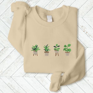 Embroidered Plant Sweatshirt, Green Plant Pots Aesthetic Nature Crewneck Jumper, Botanical Cottagecore Sweater Gardening Plants Lover Outfit