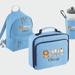Ensemble de sac à dos personnalisé pour la rentrée des classes, sac à lunch Safari, bouteille d'eau et sac à dos, sac à dos pour enfants animaux de zoo, cadeau personnalisé pour écoliers
