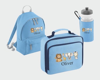 Conjunto de mochilas personalizadas para a volta às aulas, lancheira de safári, garrafa de água e mochila, mochila infantil com tema de animais do zoológico, presente escolar personalizado para crianças