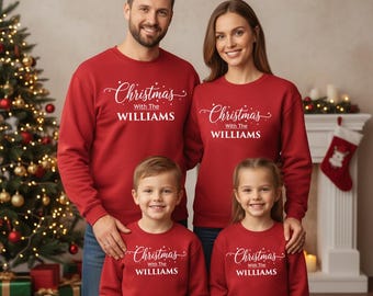 Kersttrui familie, trui met gepersonaliseerde naam gedrukt, aangepaste bijpassende kersttrui, kersttrui, kerstoutfits