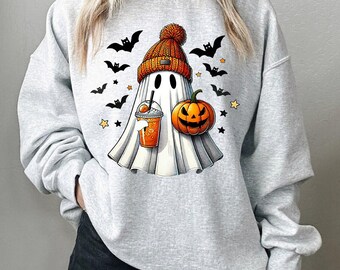 Cute Ghost Sweatshirt, Halloween Pumpkin Spice Sweater, Vintage Spooky Ghost Printed Jumper, Autumn Fall Sweater, Halloweeen Gifts for Her